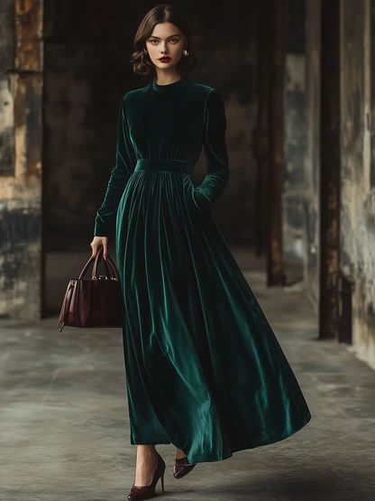 Women’s Velvet Maxi Dress – Long Sleeve Stand Collar Party Dress