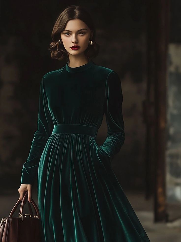 Women’s Velvet Maxi Dress – Long Sleeve Stand Collar Party Dress