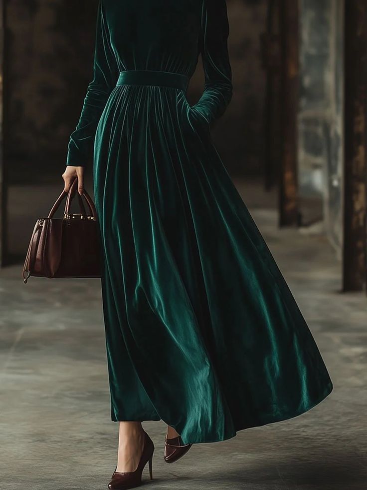 Women’s Velvet Maxi Dress – Long Sleeve Stand Collar Party Dress