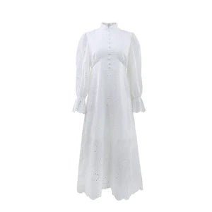 Elegant Long Sleeve Vacation Dress – Hollow Out Waist Cinching Button Dress