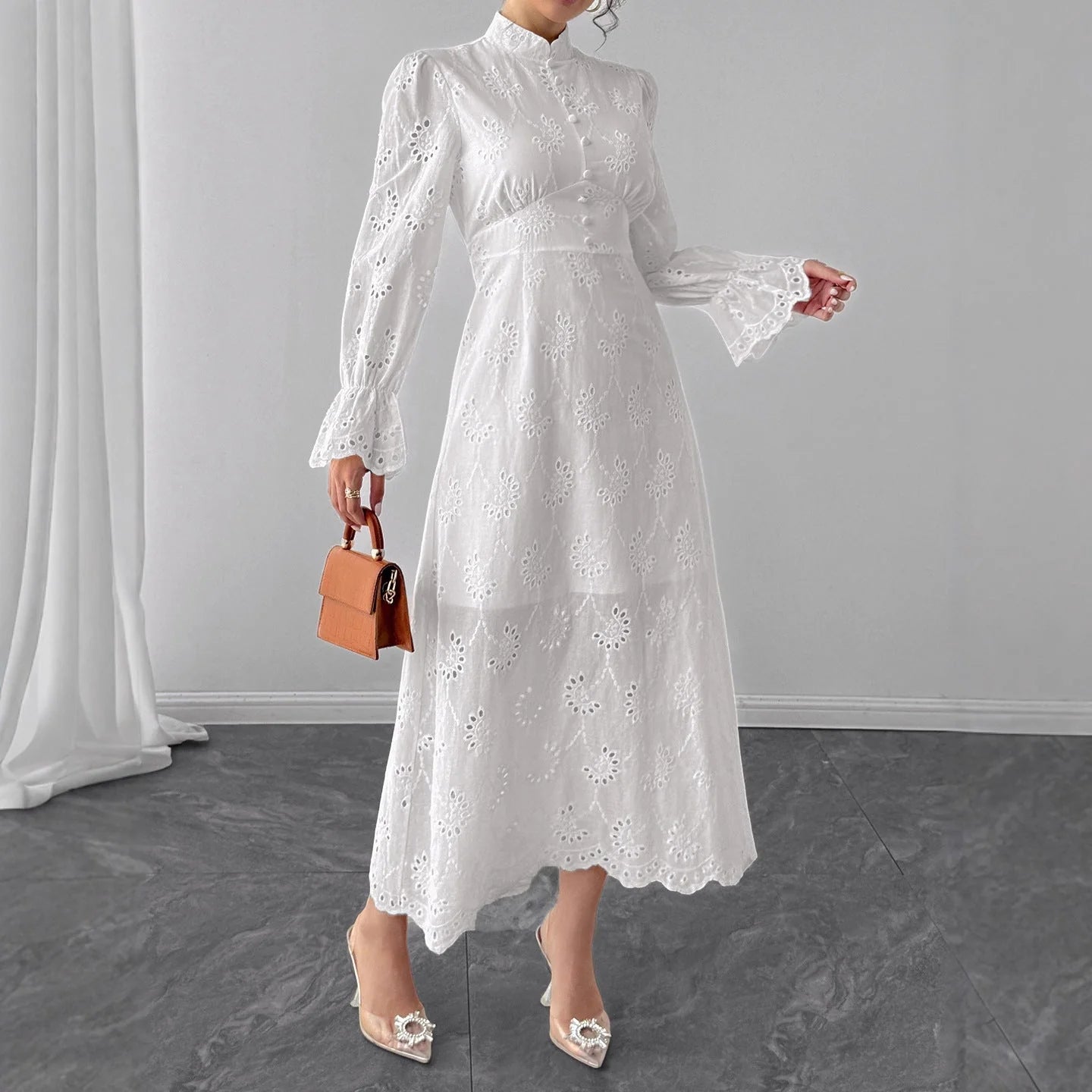 Elegant Long Sleeve Vacation Dress – Hollow Out Waist Cinching Button Dress