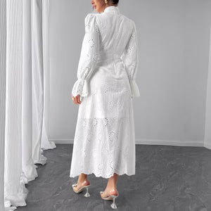 Elegant Long Sleeve Vacation Dress – Hollow Out Waist Cinching Button Dress