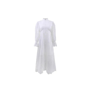 Elegant Long Sleeve Vacation Dress – Hollow Out Waist Cinching Button Dress