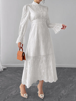 Elegant Long Sleeve Vacation Dress – Hollow Out Waist Cinching Button Dress